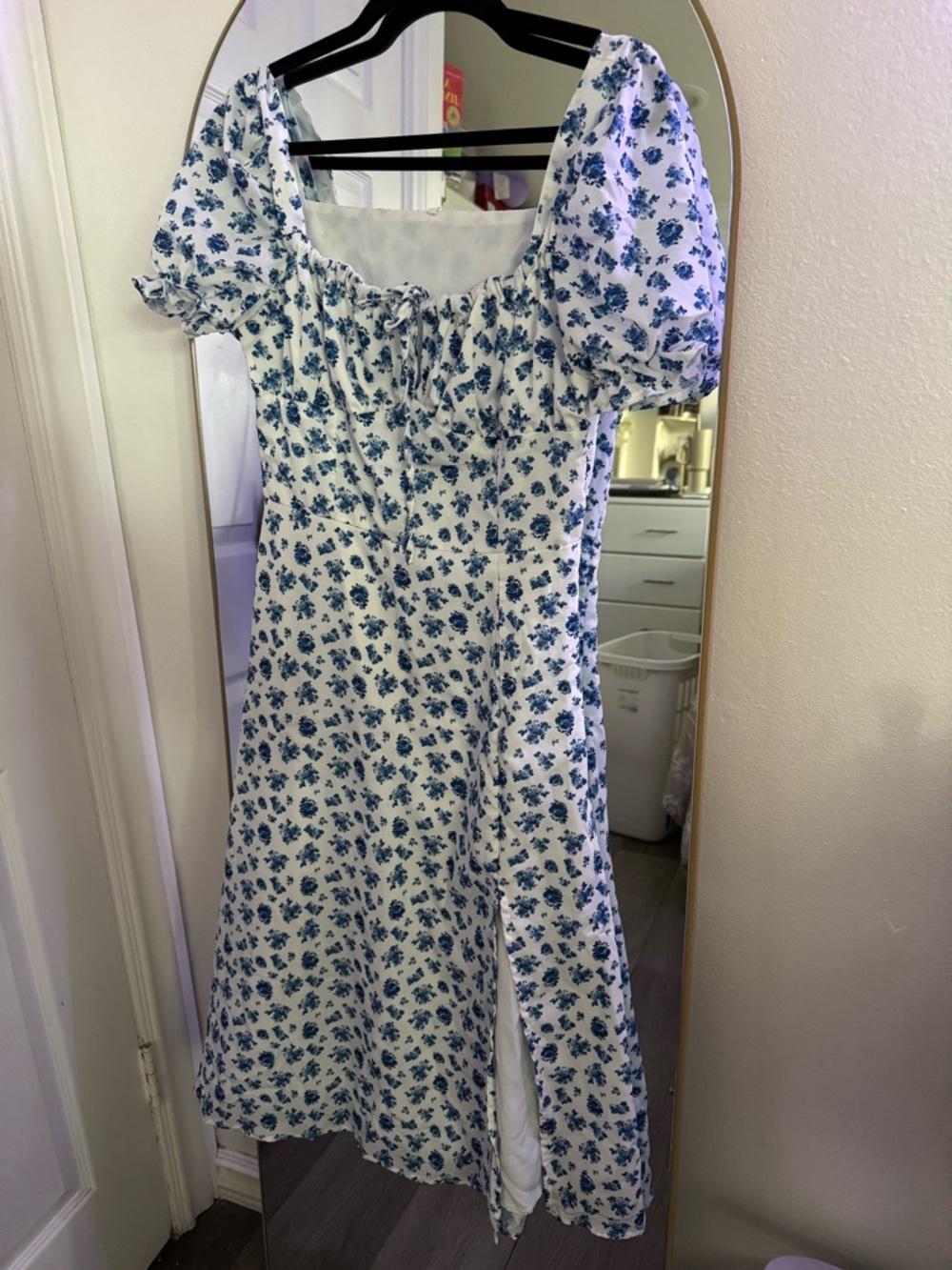 White Midi Dress with Blue Floral Print